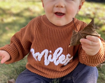 Personalized baby name sweater, Hand embroidered sweater with name for toddlers and kids, Colorful knit sweater with personalized name