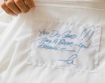 Something blue for wedding, memorial handwriting for wedding gift, Hand embroidered swatch for wedding dress