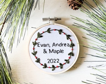 Personalized Family Christmas Ornament, Hand Embroidered Wreath