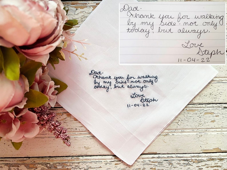 Custom embroidery handkerchief wedding, wedding handkerchief for bride, something blue handkerchief, custom handwriting gift image 1