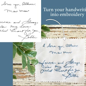 May include: A white fabric square with blue embroidery of a handwritten note that says "I love you, Allison. Maw maw. Forever and Always is my love- Gilled heart for you. Bobbi". The note is framed by a green plant and a white wooden surface.