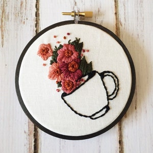 Coffee Lover Gift Coffee Signs For Kitchen Embroidery Hoop Art Hand Embroidery Coffee artwork Floral embroidery Rustic wall art embroidery