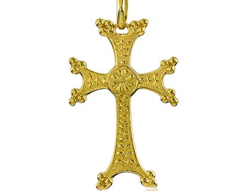 Armenische Kreuz Anhänger Halskette Schmuck In 14k Gelb Gold Apostolisch-Orthodoxe Verzierte Khatchkar Hand Made
