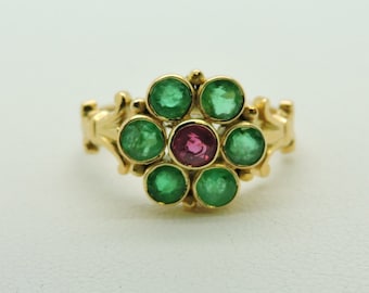Antique "Forget Me Not" Flower Ring 18K Size 6.5 with a Pink Sapphire and Green Emeralds