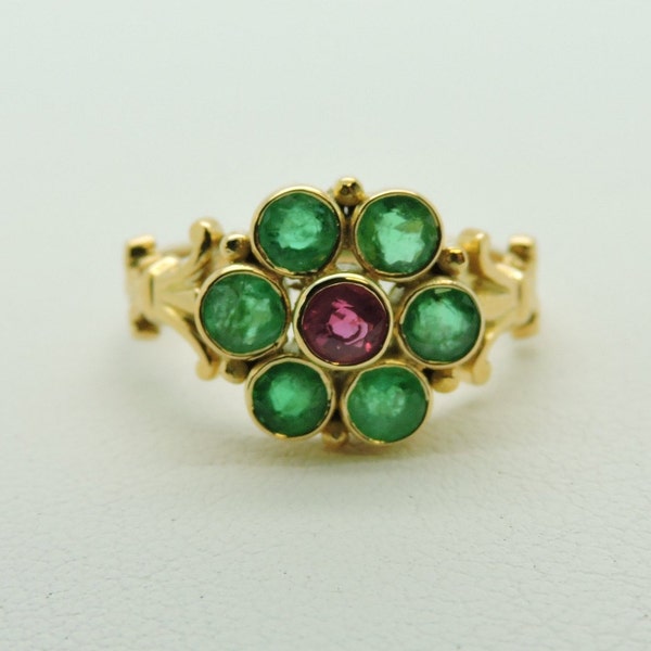 Antique "Forget Me Not" Flower Ring 18K Size 6.5 with a Pink Sapphire and Green Emeralds