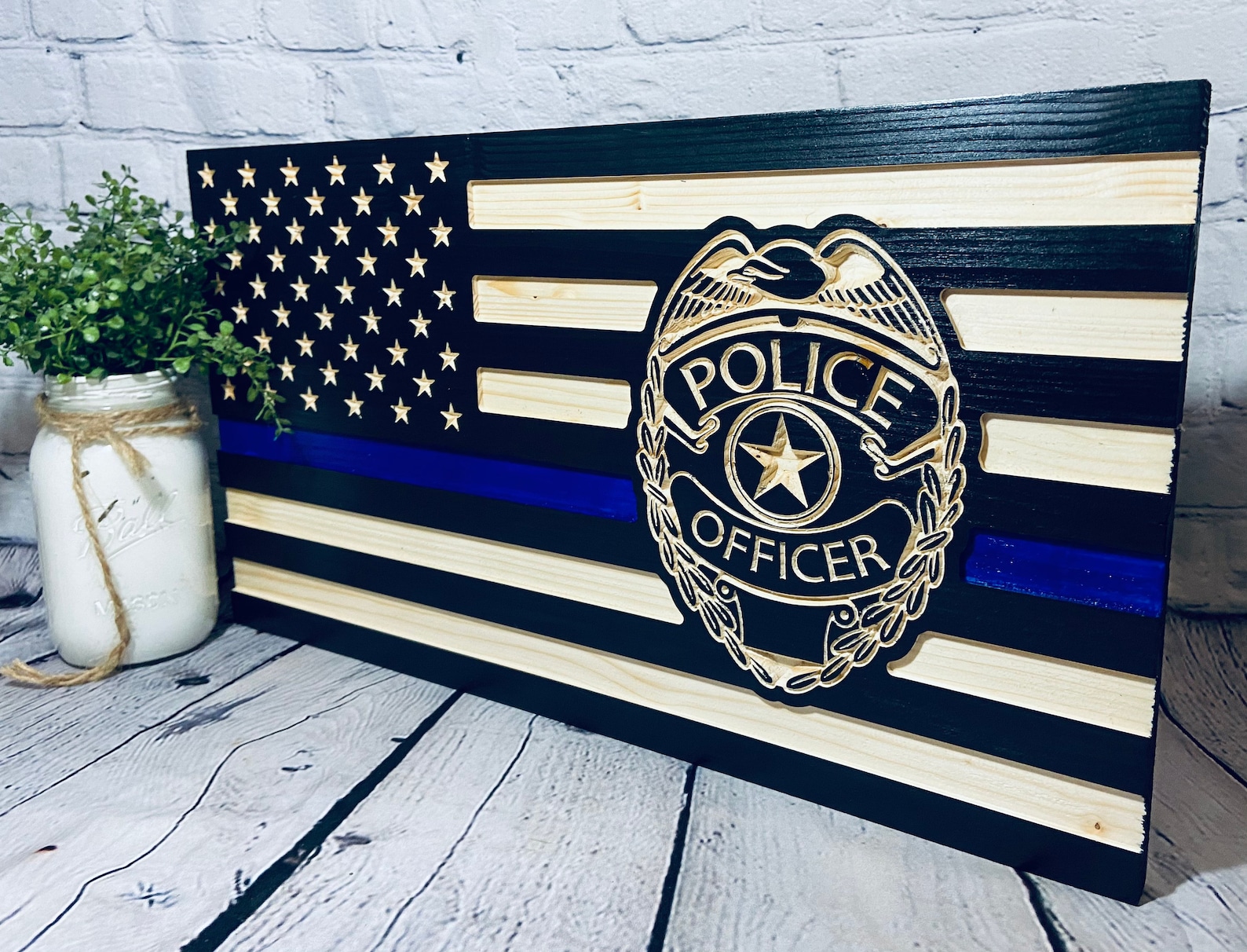 Wood engraved personalized police flag Etsy