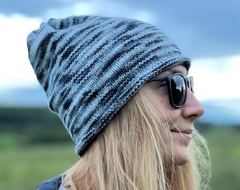 White BLack Grey Flecked Slouchy Beanie Hat / Knit Grey Striped Fall Winter Hat / One Size Gray Beanie