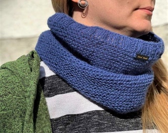 Blue Hand Knitted Neckwarmer / Blue Fall Winter Neckwear with Button / Light Weight Blue Warm Shawl / Winter Fashion Gift Idea