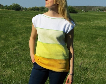 White Yello Green Biege  Striped Spring Summer Top / Hand Knitted 100% Cotton Summer Spring Top
