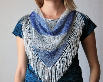 Blue White Hand Knitted Triangle Scarf / Tassels Summer Fall Spring Scarf / Striped Lightweight Scarf / Only One Original