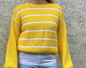Yellow White Hand Knitted Loose Pullover / Hand-knitted Fall Spring Sweater / Fashion Gift Idea