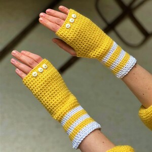 Yellow Fingerless Gloves / Crochet Yellow White Button Arm Warmers / Fall Winter Accessories / Fashion Accessories Gift / Christmas Gift