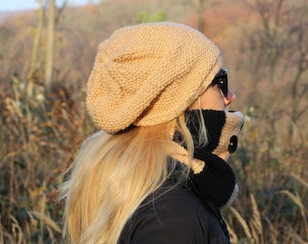 Light Beige Slouchy Beanie Hat / Beige Urban Style Hand Knit Beanie / Warm Fall Winter Light Beige Hat / One Size Hat Winter Fashion