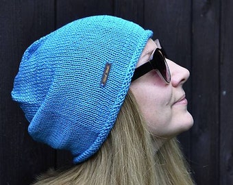 Blue Slouchy Beanie Hat With WoodenPatch / Light Blue Urban Style Hand Knit Beanie / Universal Size Blue 100% Cotton Beanie Hat