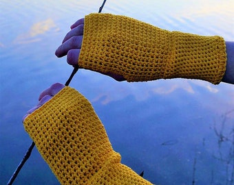 Yellow 100% Cotton Fingerless Gloves / Yellow Crochet Arm Warmers / Fall Winter Accessories Gift