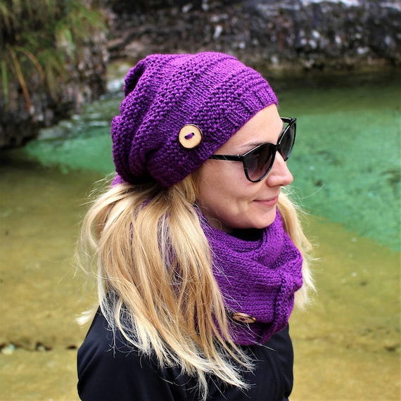 Violet Women Hand Knitted Set Purple Slouchy Beanie Hat With