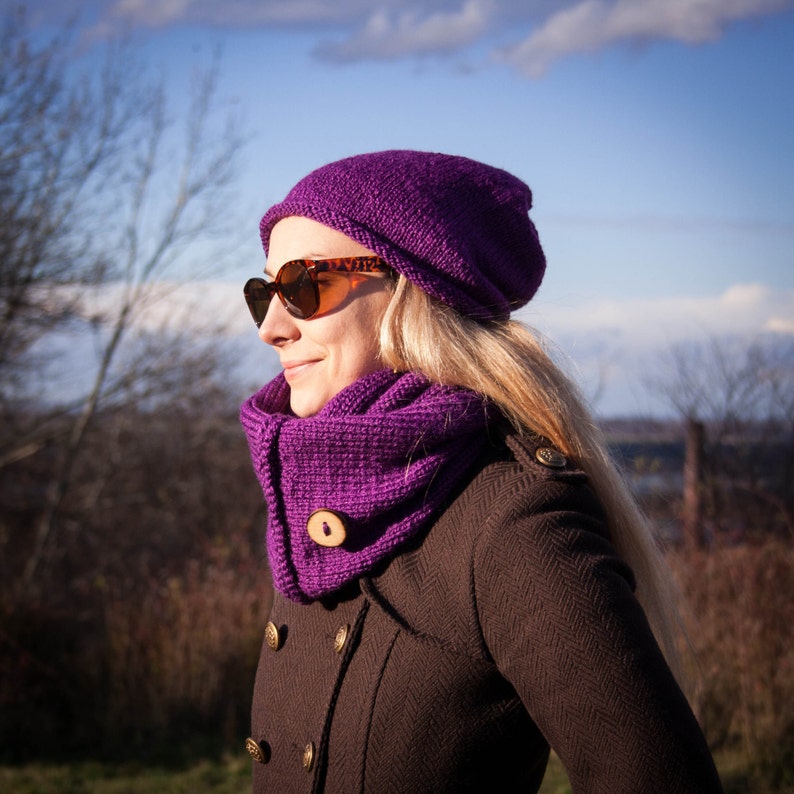 Double Wrapped Neckwarmer Winter Two-Piece Set Violet Women Hand Knitted 2 Set Purple Slouchy Beanie Hat With Handmade Wooden Button