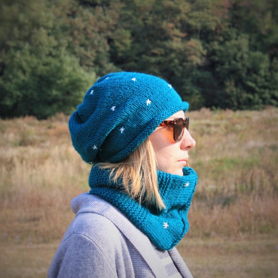 Women Hand Knitted 2 Set / Dark Cyan Slouchy Beanie +  display picture 2