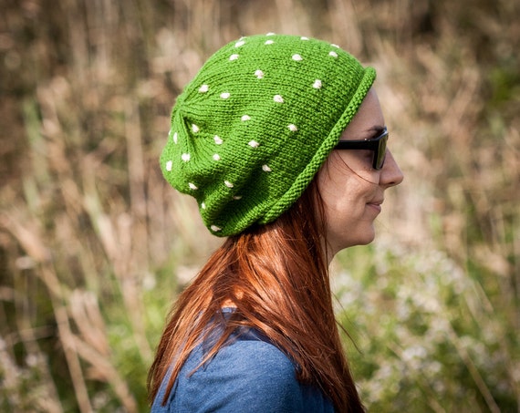 Green Polka Slouchy Beanie Hat / Fall 