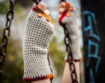 Orange Grey Fingerless Gloves / Crochet Arm Warmers / Orange Buttons Wrist Warmers Gloves / Fall Winter Accessories / Christmas Gift Idea
