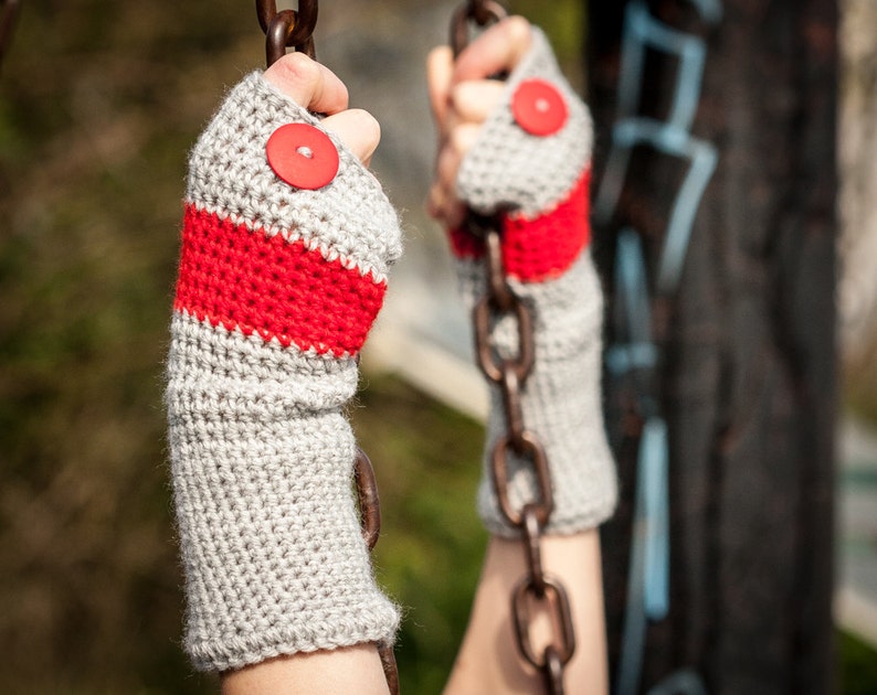 Red Grey Fingerless Gloves / Soft Crochet Arm Warmers / Red Button Half ...