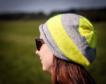 Yellow Grey Striped Slouchy Beanie Hat / Knit Fall Winter Unisex Hat / One Size Neon Yellow Hat /Fall Winter Snowboard Accessories Gift Idea