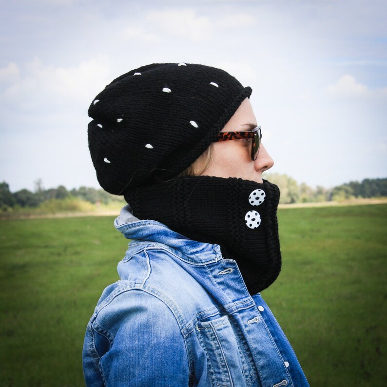 Black White Polka Slouchy Beanie Hat Fall Winter Black White Hat With Embroidered Dots Urban Style Hat Fairytale Toadstool Warm Hat