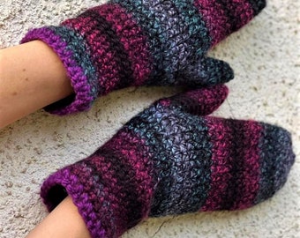 Multicolored Winter Mittens / Black Violet Grey Crochet Arm Warmers / Fall Winter Accessories / Christmas Gift Idea