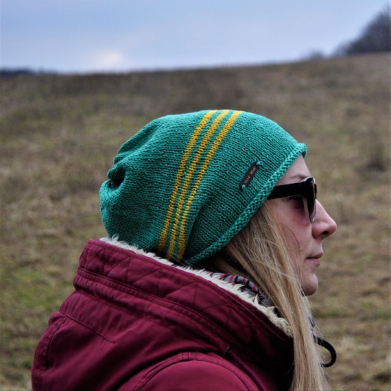 Green Yellow Slouchy Beanie Hat With 