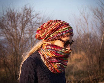 Hand Knit Colorful Adult Fit Soft Slouchy Roll-Up Hem Hippie Boho Beanie Hat New XXL Dreads Long Tube Hat Beanie Dreadlock Sock Oversized  main image 3