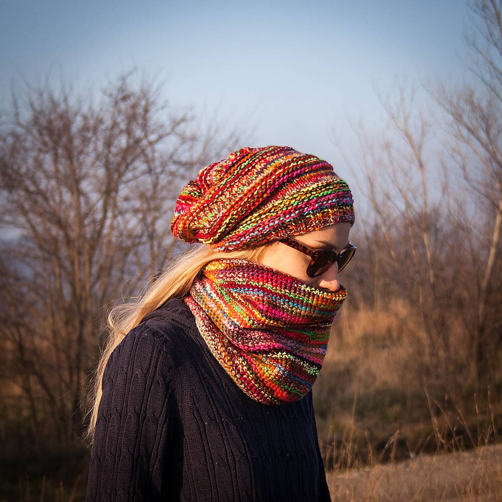 Bohemian Slouchy knit hat & neck warmer colorful set women\'s one size 2 For One Price! Goldenrod Slouchy Hat plus Twist Hdbnd  main image 3