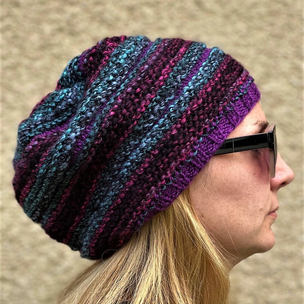 Multicolored Violet Slouchy Beanie Hat / Knit Striped Fall Winter Hat / One Size Autumn Color Hat / Multi Color Hippie Hat
