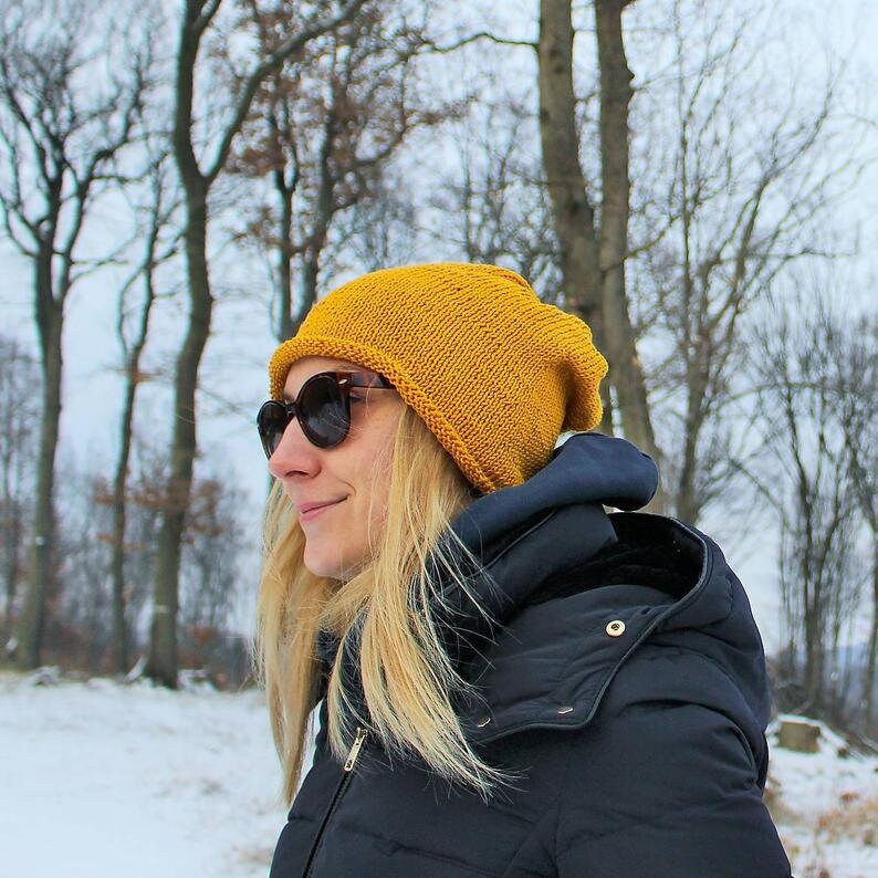 Mustard Yellow Slouchy Beanie Hat With 