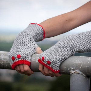 Red Grey Fingerless Gloves / Soft Crochet Arm Warmers / Red Button Half Finger Gloves / Fall Winter Accessories Gift / Christmas Gift Idea