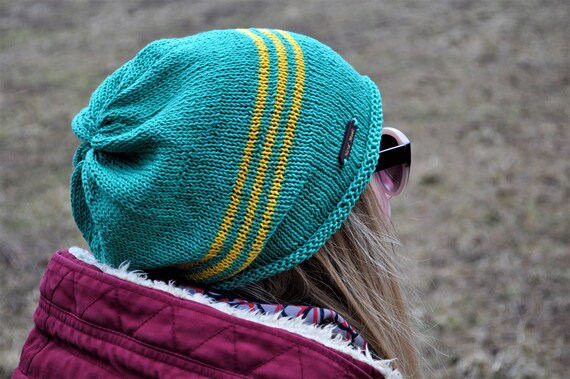 Green Yellow Slouchy Beanie Hat With 