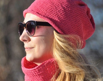 Women Knit Crochet 2 Set / Old Pink Slouchy Beanie + Neckwarmer / Fall Spring Pink Two-Piece Set