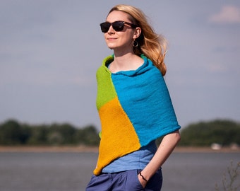 Hand Knitted Summer Poncho in Blue Green Mustard Colour / 100% Cotton Knit Beach Wear One Size/ Multicolored Large Scarf /Knit Woman Sweater