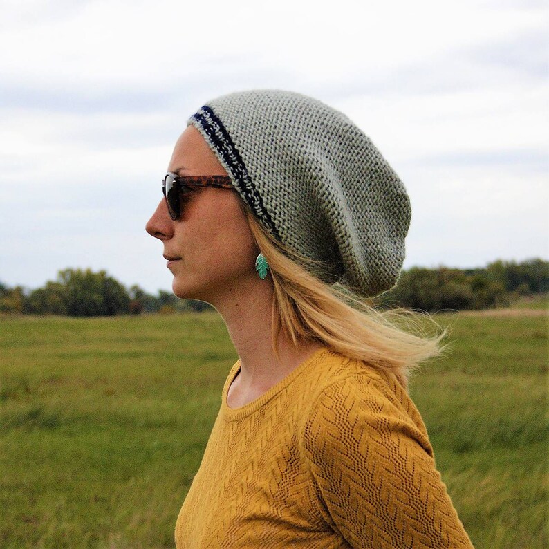 Gray Blue Striped Slouchy Beanie Hat Cute Hand Knit Fall Winter Hat One Size Grey Blue Stripe Hat Fall Winter Accessories Gift Idea