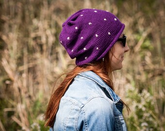 Violet Polka Slouchy Beanie Hat / Fall Winter Knit Violet Hat With Embroidered Dots / Violet Urban Style Hat / Fairytale Toadstool Hat