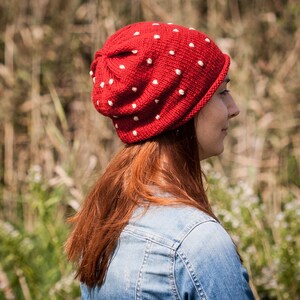 Red Polka Slouchy Beanie Hat / Fall Winter Red White Hat With Embroidered Dots / Red Urban Style Hat / Fairytale Toadstool Warm Hat