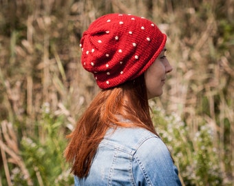 Red Polka Slouchy Beanie Hat / Fall Winter Red White Hat With Embroidered Dots / Red Urban Style Hat / Fairytale Toadstool Warm Hat