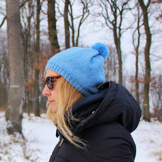 Light Blue Pom Pom Beanie / Crochet 