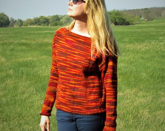 Orange Red Burgundy Flecked Pullover /Handknitted Red Loose Fall Winter Sweater / Multi Color Rasta Knit Top / Winter Fashion Gift Idea