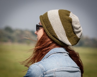 Khaki Grey Striped Slouchy Beanie Hat / Hand Knit Fall Winter Unisex Hat / One Size Dark Green Grey Hat / Fall Winter Accessories Gift Idea