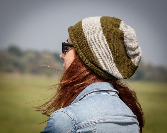 Khaki Grey Striped Slouchy Beanie Hat / Hand Knit Fall  display picture 2