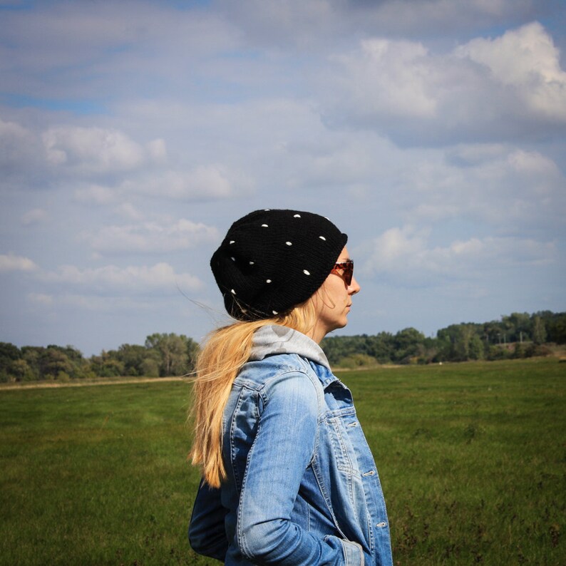 Black White Polka Slouchy Beanie Hat Fall Winter Black White Hat With Embroidered Dots Urban Style Hat Fairytale Toadstool Warm Hat