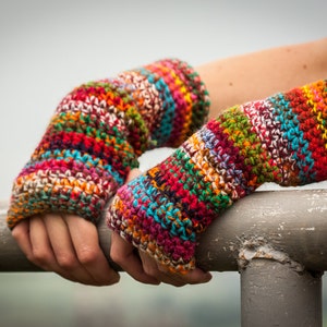 Multicolored Fingerless Gloves / Colour Mixes Crochet Arm Warmers / Rainbow Half Finger Gloves / Fall Winter Accessories / Christmas Gift image 2