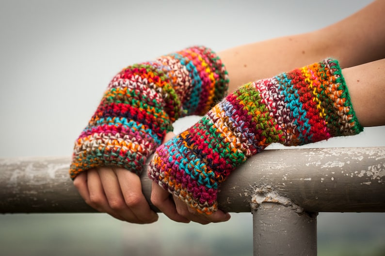 Multicolored Fingerless Gloves / Colour Mixes Crochet Arm Warmers / Rainbow Half Finger Gloves / Fall Winter Accessories / Christmas Gift image 2