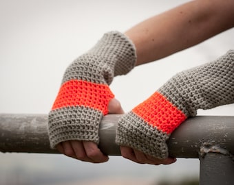 Orange Grey Fingerless Gloves / Crochet Arm Warmers / Striped Neon Orange Gloves / Fall Winter Accessories / Christmas Gift Idea