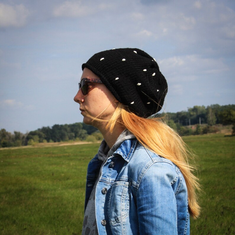 Black White Polka Slouchy Beanie Hat Fall Winter Black White Hat With Embroidered Dots Urban Style Hat Fairytale Toadstool Warm Hat